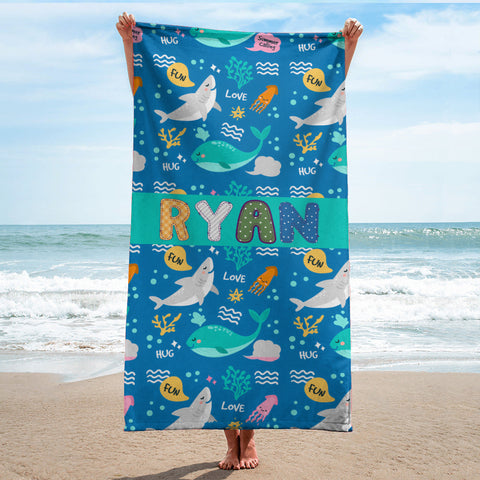 Image of Personalized Name Colorful Sea Animals for Kid Beach Towel