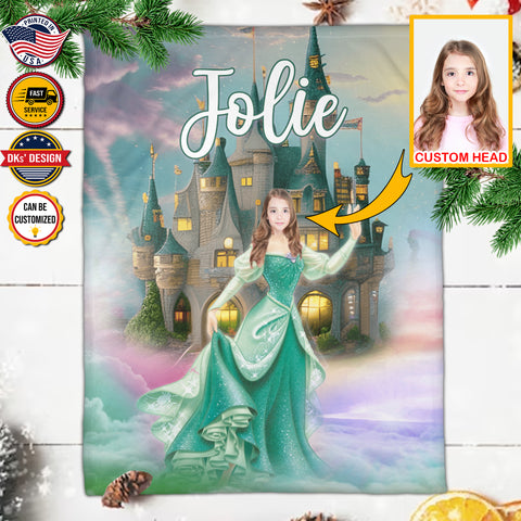 Image of Personalized Fairytale Blanket, Green Princess and Castle Custom Face And Name Blanket, Girl Blanket, Princess Blanket for Girl, Gift For Daughter