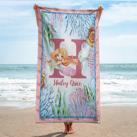 Personalized Initial & Name Mermaid  Coral Girl Beach Towel