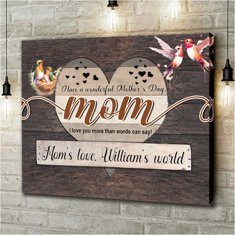 Image of Personalized Name Mom Canvas, Hummingbird Mom From Son Canvas for Mom for Mother, Customized Mother's Day Gifts