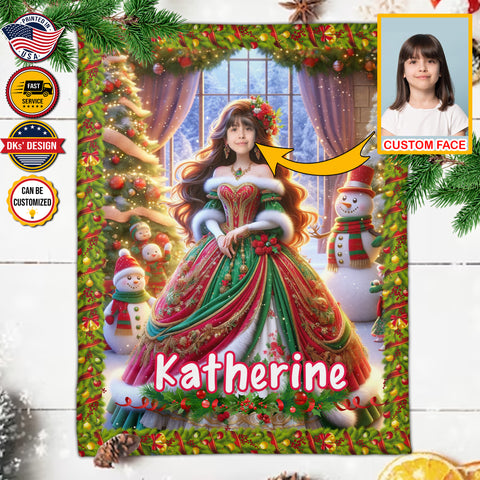 Image of Personalized Christmas Blanket, Cozy Christmas Princess Custom Face And Name Blanket, Girl Christmas Blanket, Princess Blanket, Christmas Gifts