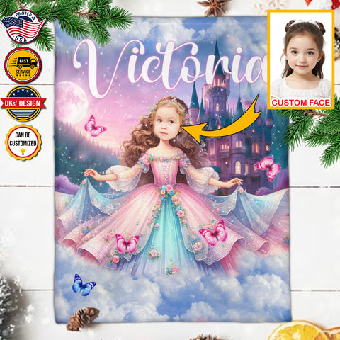 Image of Personalized Fairytale Blanket, Princess With The Whimsical Pink Fairytale Castle Custom Face And Name Blanket, Girl Blanket, Princess Blanket for Girl