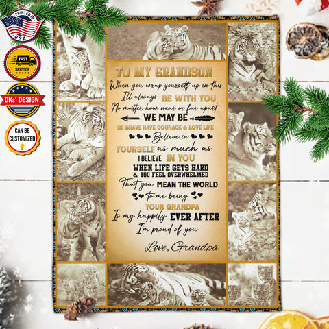 Image of Personalized Grandson Blanket Tiger To My Grandson Blanket, Blanket for Grandson, Birthday Blanket, Message Blanket, Gift For Grandson