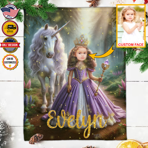 Image of Personalized Baby Princess Unicorn Custom Face And Custom Name Blanket, Fairy Tale Girl Blanket, Princess Blanket for Girl, Gift For Daughter