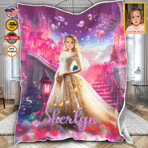 Image of Personalized Fairytale Blanket, Princess And Pink Castle Blanket, Custom Face And Name Blanket, Girl Blanket, Princess Blanket for Girl