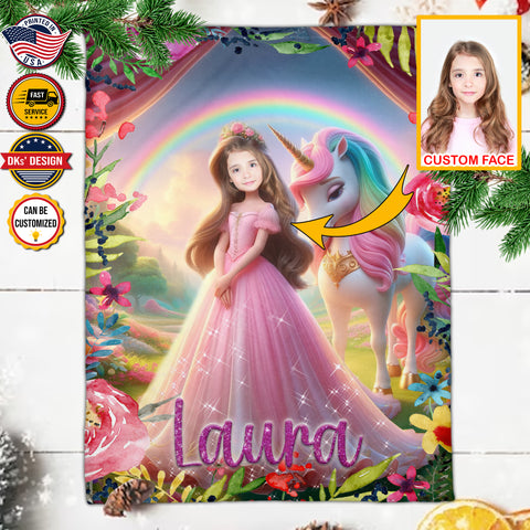 Image of Personalized Fairytale Blanket, Princess & Unicorn's Forest Custom Face And Name Blanket, Girl Blanket, Princess Blanket for Girl, Unicorn Blanket Gift