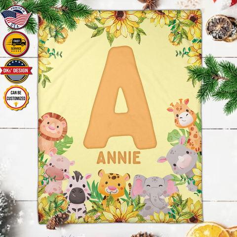Image of Personalized Safari Initial Animals Baby Kid Custom Name Blanket, Baby Animal Blanket, Safari Animals Blanket, Baby Shower Gifts, Birthday Gifts