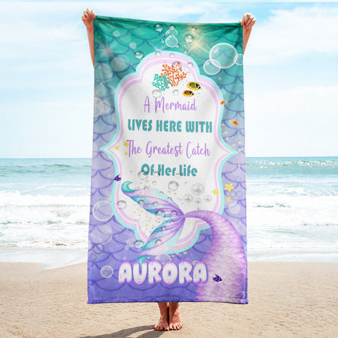 Image of Personalized Name A Mermaid Lives Here Mermaid Beach Towel