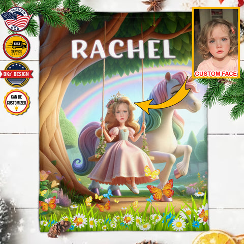 Image of Personalized Fairytale Blanket, Unicorn and Princess In The Royal Woods, Custom Face Name Blanket, Girl Blanket, Unicorn Blanket Gift For Daughter