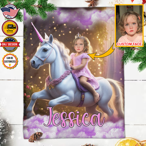 Image of Personalized Princess Riding Unicorn Custom Face And Custom Name Blanket, Fairy Tale Girl Blanket, Princess Blanket for Girl,Baby Shower Gift