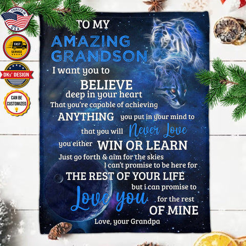 Image of Personalized To My Grandson Custom Name Blanket, Message Blanket, Blue Lion And Baby Blanket, Grandson Lion Blanket, Grandson Gift