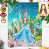 Personalized Fairytale Blanket, Blue Princess And Castle Custom Face And Name Blanket, Girl Blanket, Princess Blanket for Girl, Gift For Daughter
