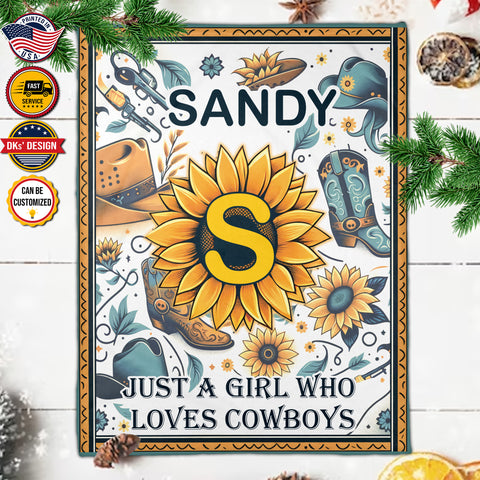 Image of Personalized Cowboy Blanket, Wild West Sunflower Cowboy Custom Name Blanket, Cowgirl Blanket, Personalized Cowboy Blanket, Cowboy Gift