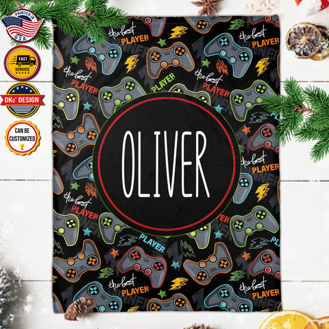 Image of USA Printed Custom Game Blanket, Black Game Pattern Blanket, Gaming Blanket for Gamer, Custom Name Blanket, Birthday Gift Blanket, Personalized Sherpa Blanket, Fleece Blanket, Gift for Him for Boy for Son