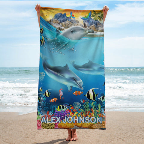 Image of Personalized Name Dolphin Under The Sea Creature Beach Towel