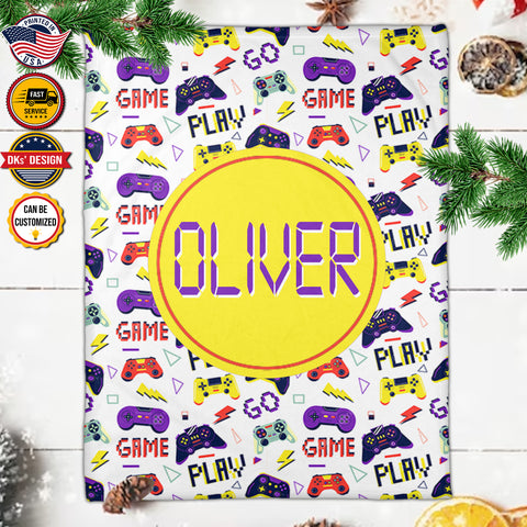 Image of USA Printed Custom Game Blanket, White Game Pattern Blanket, Gaming Blanket for Gamer, Custom Name Blanket, Birthday Gift Blanket, Personalized Sherpa Blanket, Fleece Blanket, Gift for Him for Boy for Son