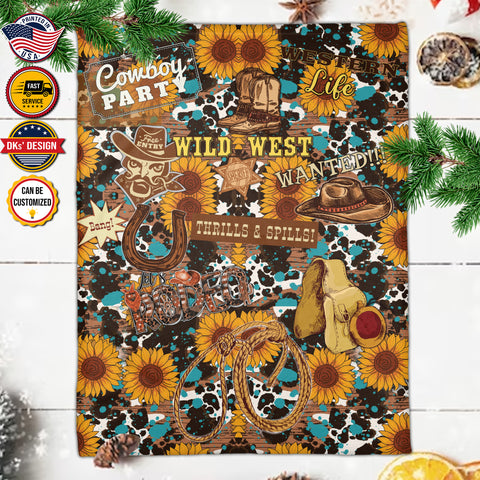 Image of Personalized Cowboy Blanket, Custom Sunflower Wild West Thrills & Spills Blanket, Christmas Cowboy Blanket, Birthday Gifts, Christmas Gifts