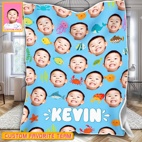 Image of Personalized Name & Photo Boy Custom Face Sea Animals Ocean Animals Blanket