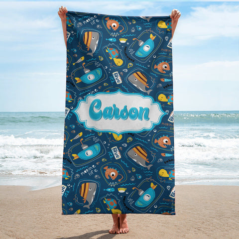 Image of Personalized Name Submarine With Sea Animals Beach Towel