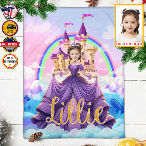 Image of Personalized Fairytale Blanket, Purple Princess And Castle Blanket, Custom Face And Name Blanket, Girl Blanket, Princess Blanket for Girl