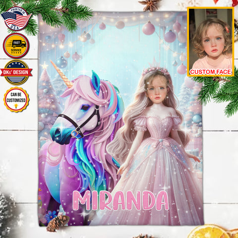 Image of Personalized Unicorn Dreams and Birthday Wishes for Christmas Blanket, Custom Face And Name Blanket, Princess Girl Blanket, Christmas Gifts