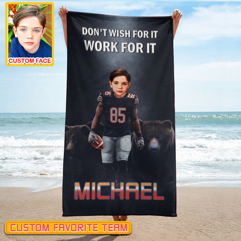 Image of Personalized Name & Photo Don't Wish For It Work For It American Football Beach Towel, Sport Beach Towel
