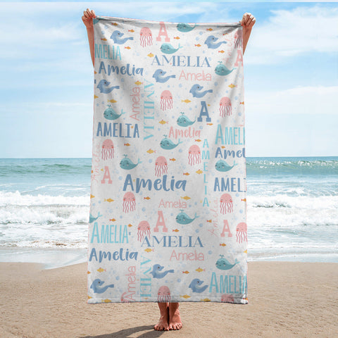 Image of Personalized Name Sea Animals Jellyfish Dolphin Whale Beach Towel