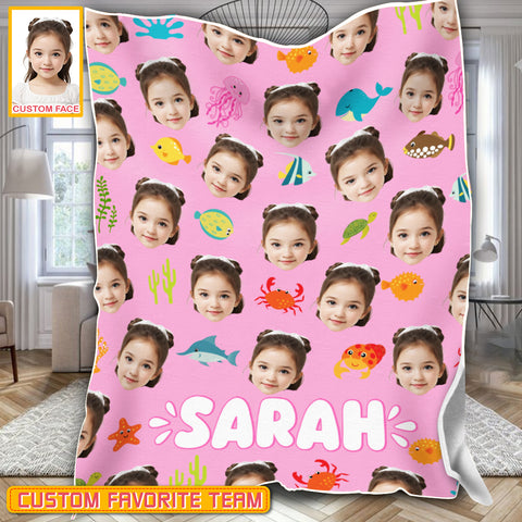 Image of Personalized Name & Photo Girl Custom Face Sea Animals Ocean Animals Blanket