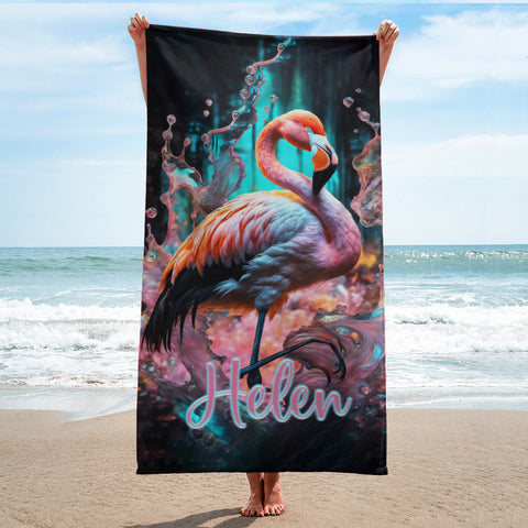 Image of Personalized Name Flamingo Beach Towel, Splash Flamingo Animals Beach Towel, Customized Gifts for Animals Lovers