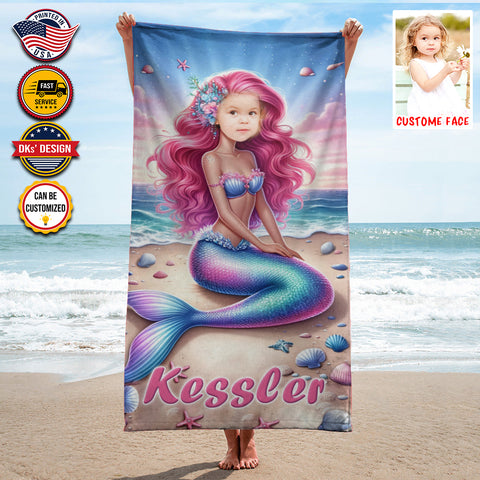 Image of Personalized Name & Photo Summer Mermaid Pearl Beach Towel