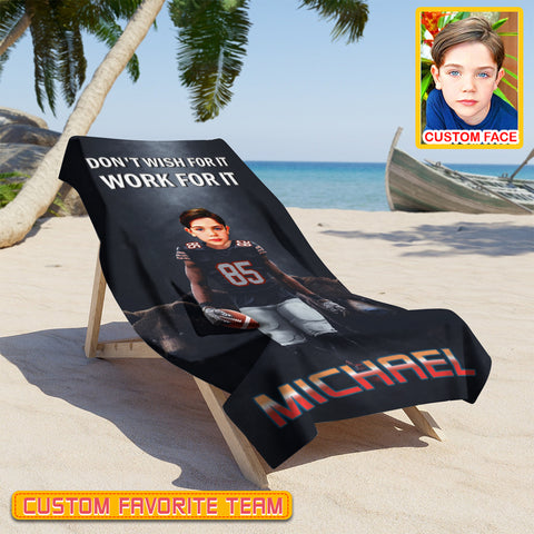 Image of Personalized Name & Photo Don't Wish For It Work For It American Football Beach Towel, Sport Beach Towel