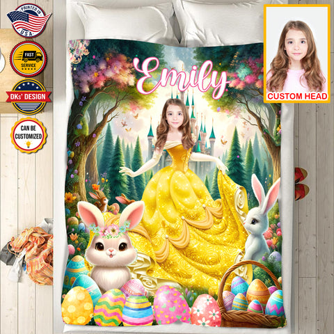 Image of Personalized Easter Blanket, Easter Eggs In The forest Custom Face And Name Blanket, Blanket for Easter Day, Princess Blanket for Girl, Easter Gift