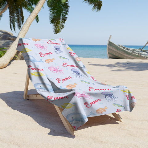 Image of Personalized Name Under The Sea Colorful Ocean Animals Beach Towel