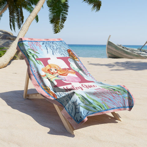 Image of Personalized Initial & Name Mermaid  Coral Girl Beach Towel