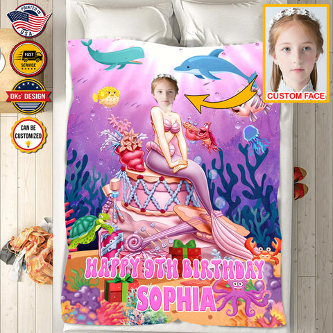Image of Personalized Birthday Blanket, Mermaid Princess 9th Birthday Face And Custom Name Blanket, Girl Birthday Blanket, Christmas Gifts, Birthday Gifts