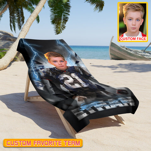 Image of Personalized Name & Photo Break Thunder American Football Beach Towel, Sport Beach Towel, Football Lover Gift
