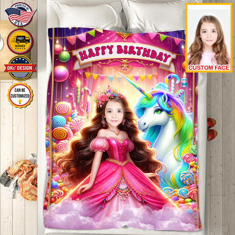 Image of Personalized Beautiful Princess Birthday Custom Face And Custom Name Blanket, Girl Birthday Blanket, Unicorn Blanket, Fairy Tail Blanket, Birthday Gifts