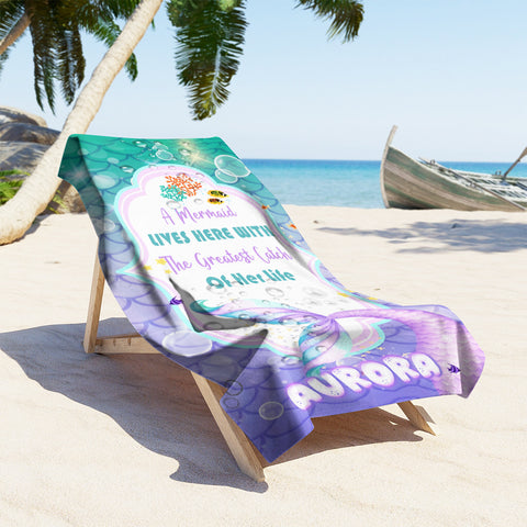 Image of Personalized Name A Mermaid Lives Here Mermaid Beach Towel