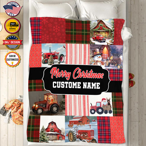 Image of Personalized Christmas Blanket, Custom Baby Christmas Tractor Blanket, Christmas Tractor Blanket, Red Tractor Blanket, Christmas Gift