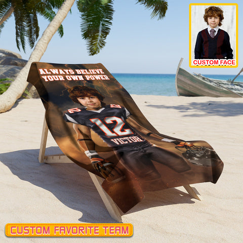 Image of Personalized Name & Photo Always Believe Your Own Power American Football Beach Towel, Sport Beach Towel
