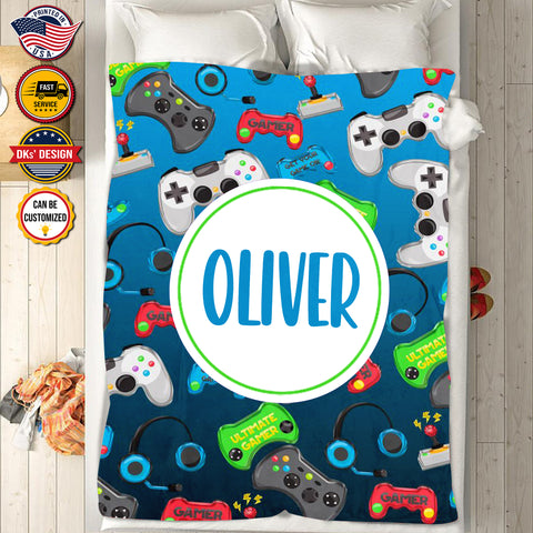 Image of USA Printed Custom Game Blanket, Blue Game Pattern Blanket, Gaming Blanket for Gamer, Custom Name Blanket, Birthday Gift Blanket, Personalized Sherpa Blanket, Fleece Blanket, Gift for Him for Boy for Son