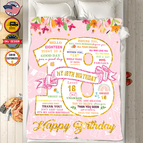 Image of Personalized Happy 18th Birthday Blanket, Custom Girl Birthday Blanket, Girl Blanket, 18th Birthday For Girls, Birthday Gift