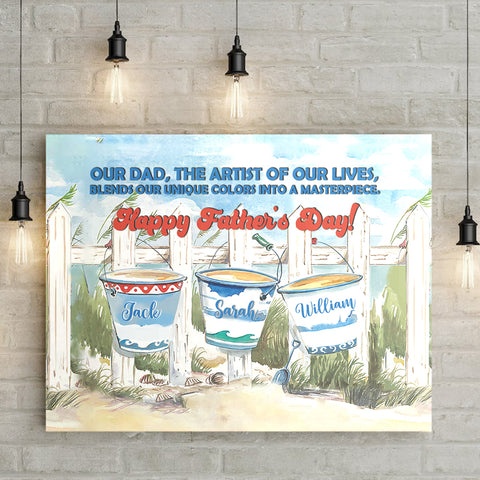 Image of Personalized Dad Canvas, Colorful Bucket Dad Canvas, Dad Canvas Custom Kids Names, Wall Art Decoration for Dad, Father's Day Gifts
