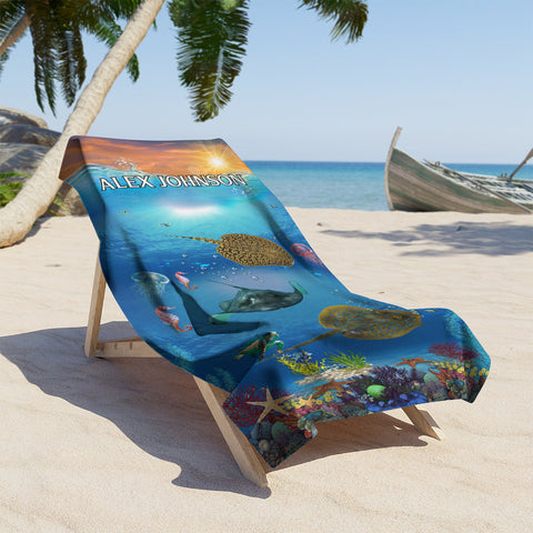 Image of Personalized Name Stingray Whale Under the Sea Creature Beach Towel