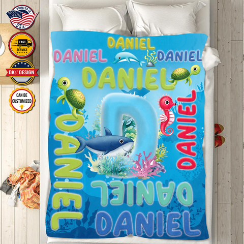 Image of Personalized Baby Animal Blanket, Under The Sea Initial Custom Name Blanket, Birthday Dolphin Blanket, Ocean Animals Blanket, Baby Shower Gift