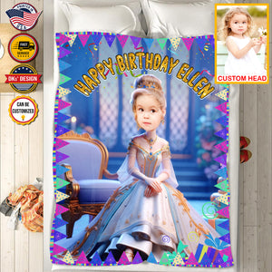 Personalized Baby Birthday Blanket, Custom Princess With Birthday Cake Blanket, Fairy Tale Girl Blanket, Baby Shower Gift, Christmas Gifts