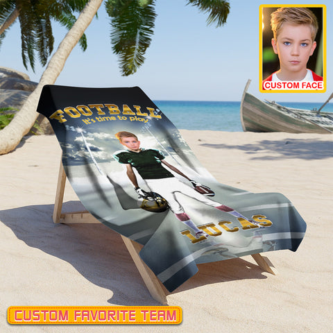 Image of Personalized Name & Photo It's Time To Play American Football Beach Towel, Sport Beach Towel
