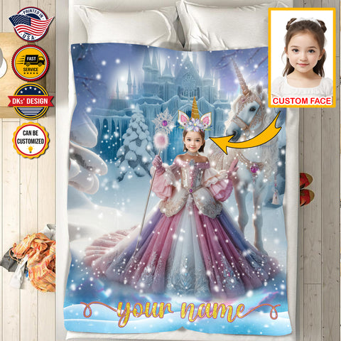 Image of Personalized Princess Christmas Custom Name And Face Blanket, Girl Blanket, Fairy Tale Blanket for Girl, Birthday Blanket, Christmas Gift