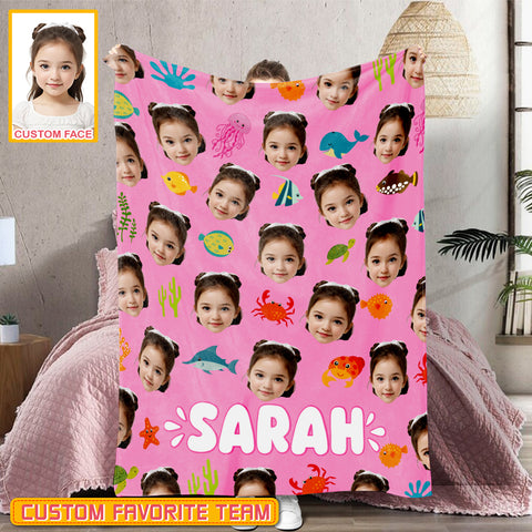 Image of Personalized Name & Photo Girl Custom Face Sea Animals Ocean Animals Blanket
