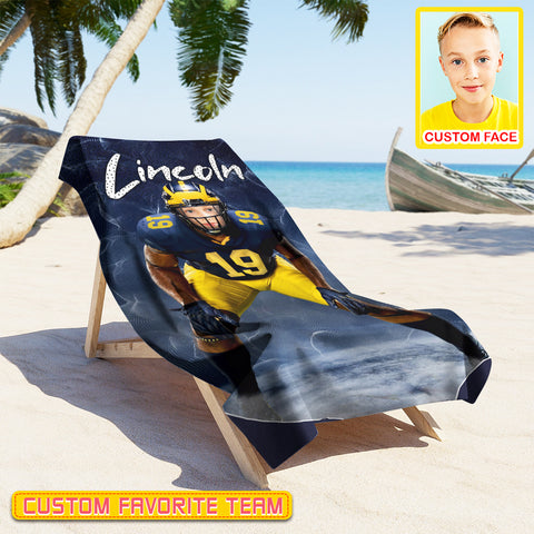 Image of Personalized Name & Photo Dynamic Particle Creative American Football Beach Towel